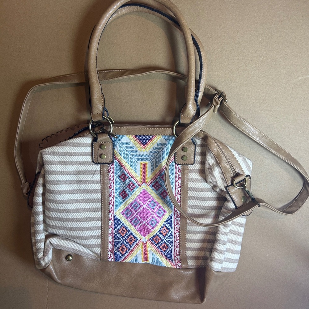 Khaki Tan Striped Canvas Satchel Crossbody Bag Aztec Embroidery Top Zip